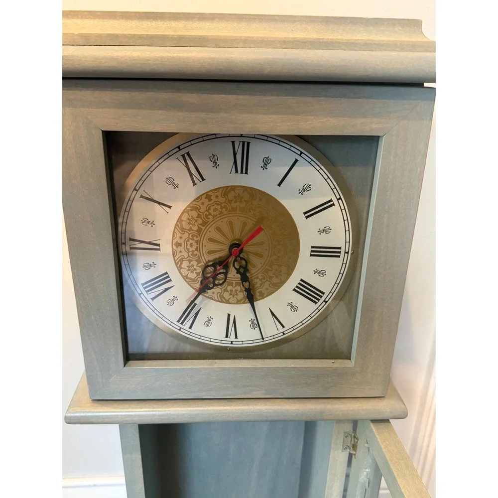 Distressed Gray Wooden Grandfather Clock with Storage Base 28x11.5x6